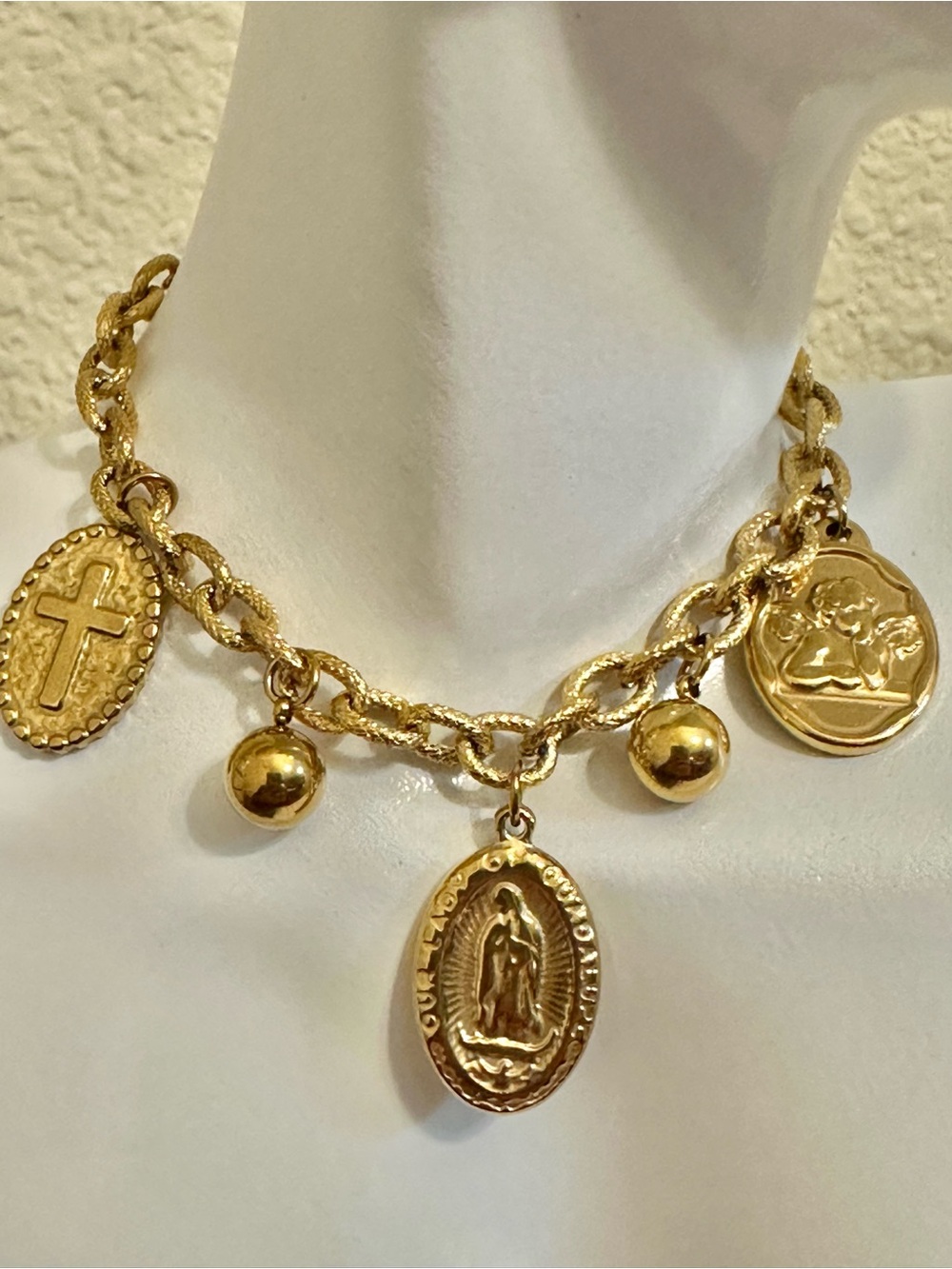 7” 18k Gold Plated Stainless Steel Religious Charm Link Bracelet